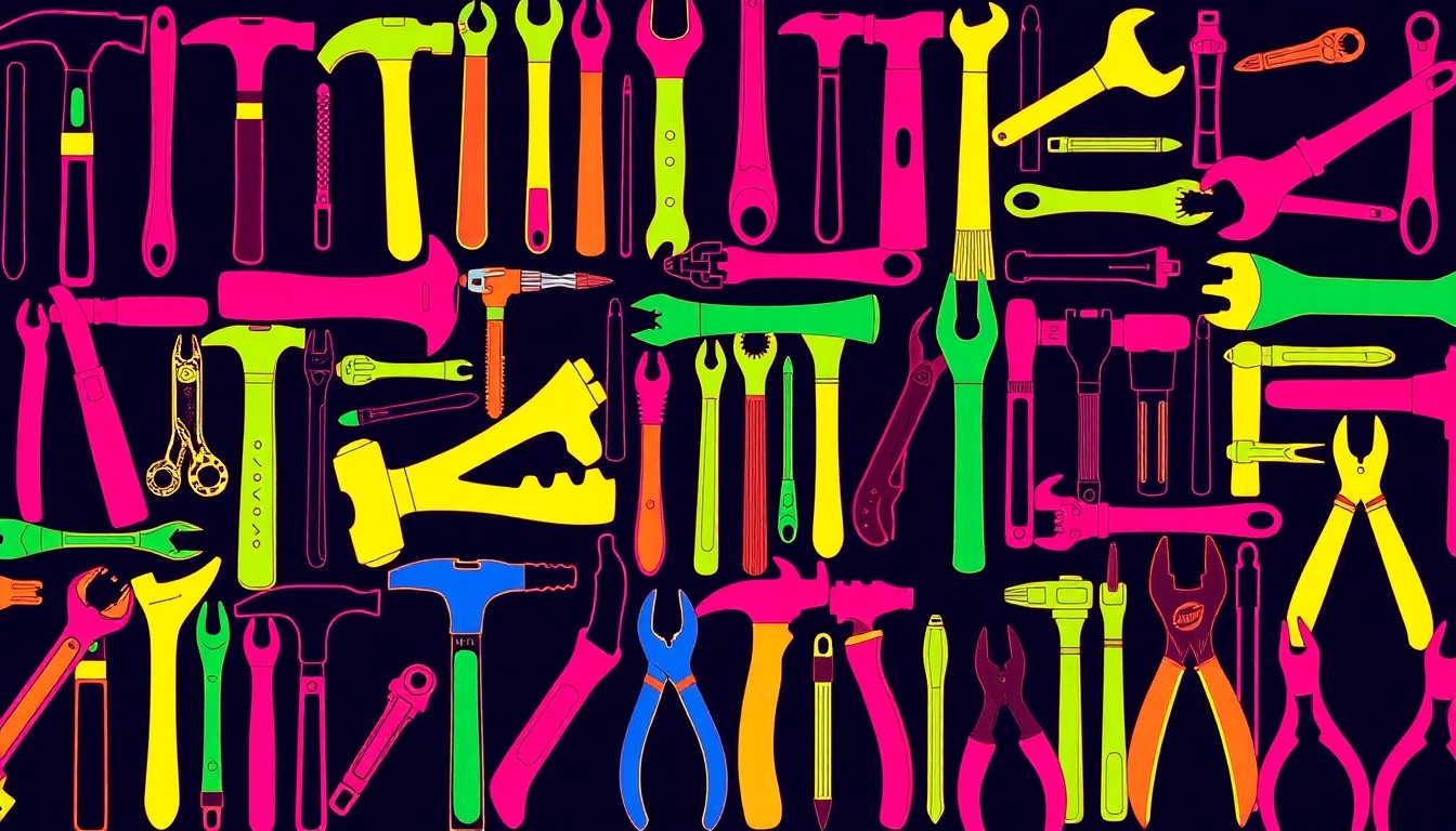 A grid of brightly colored, silkscreened hand tools in various shades of neon orange, green, and blue, conceptually representing the diverse collection of a community tool library.