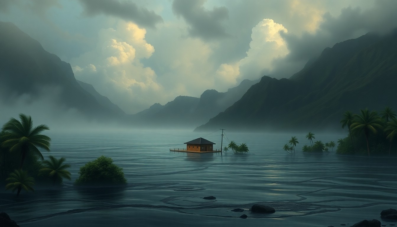 A vast, atmospheric landscape painting depicting a flooded North Shore community in Oahu, with the Waialua Fire Station 14 barely visible in the distance, dwarfed by the overwhelming scale of the natural disaster. The scene conveys a sense of melancholic awe at the power of the storm, with dramatic lighting and deep perspective.