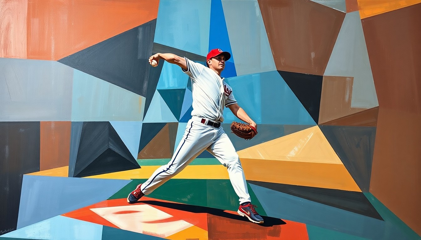 A fragmented, geometric painting depicting the various angles and perspectives of a college baseball pitcher's windup and delivery, conveying the dynamic energy of the sport through Picasso's signature cubist style.