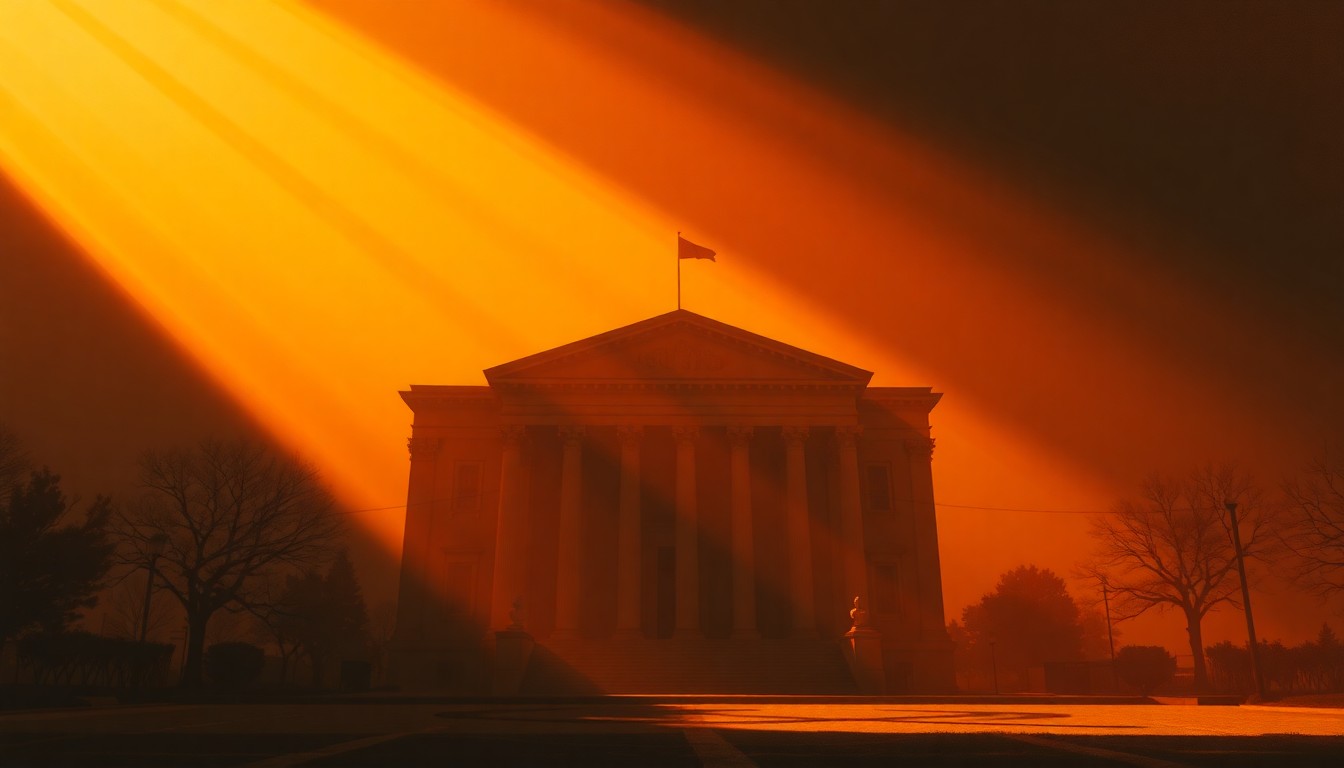 A serene, cinematic painting of a government building or courthouse, its facade bathed in warm, golden light and deep shadows, conveying a sense of political tension and uncertainty.