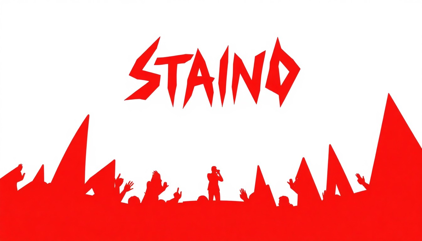 A striking, minimalist illustration featuring bold, geometric shapes in red and white, conceptually representing the Staind concert without any literal depictions.