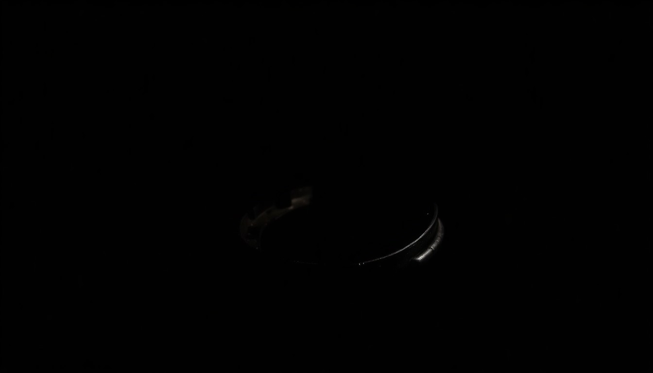 An extreme close-up photograph of a lone horse shoe against a pitch-black background, lit by a harsh camera flash to create a stark, gritty, investigative aesthetic, conceptually representing the mystery surrounding a young woman's long-unsolved disappearance.