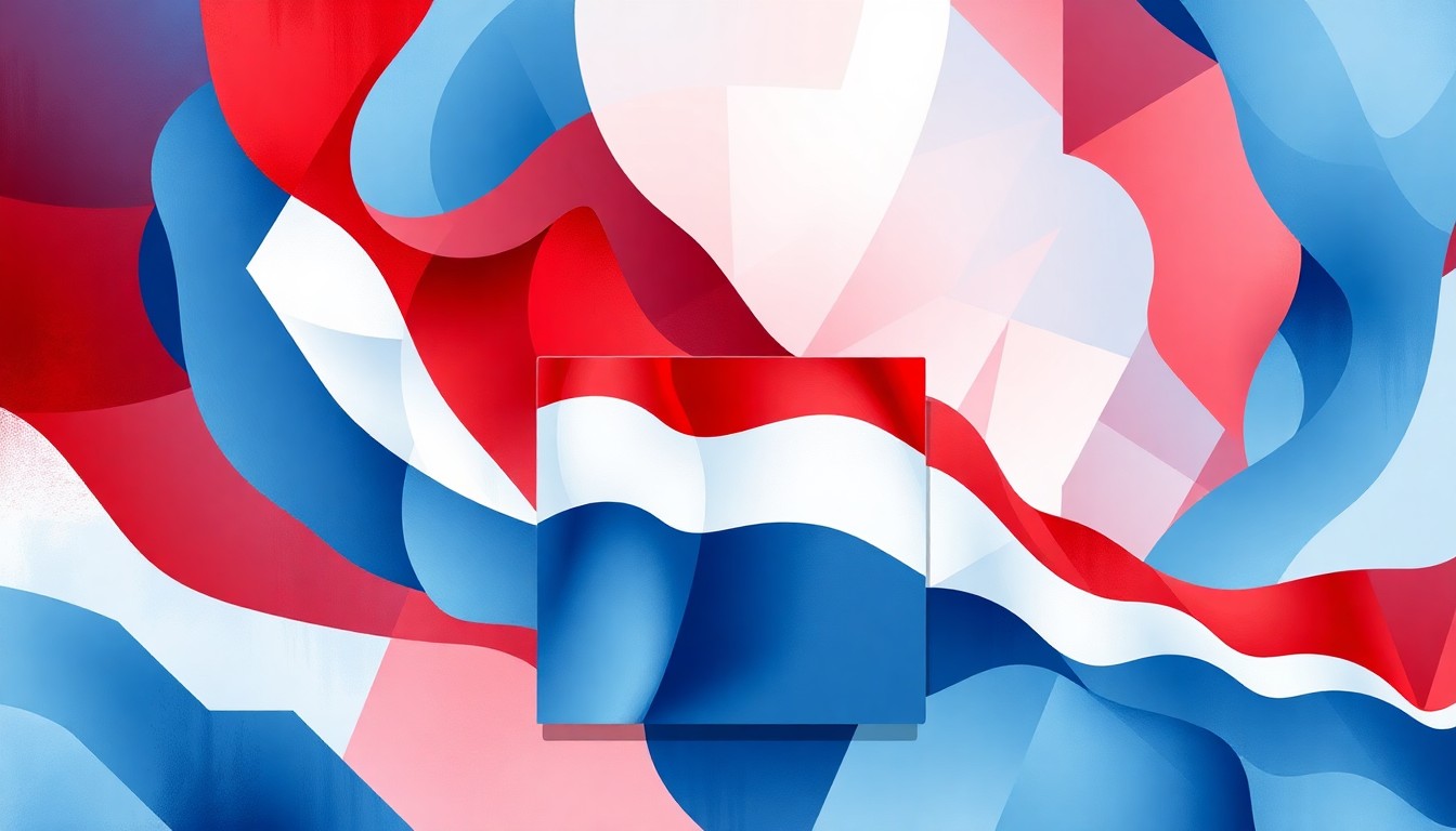 A conceptual illustration featuring overlapping, fractured geometric shapes in red, white, and blue, representing the competitive and divisive nature of the Republican primary for Oklahoma's 1st Congressional District.