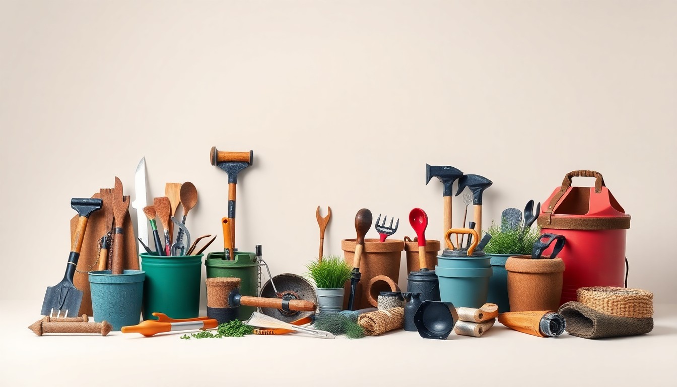 A high-end, photorealistic studio still-life featuring a collection of premium hardware tools, gardening supplies, and outdoor gear arranged elegantly on a clean, monochromatic background, conceptually representing the enduring quality and versatility of the Farm and Fleet brand.