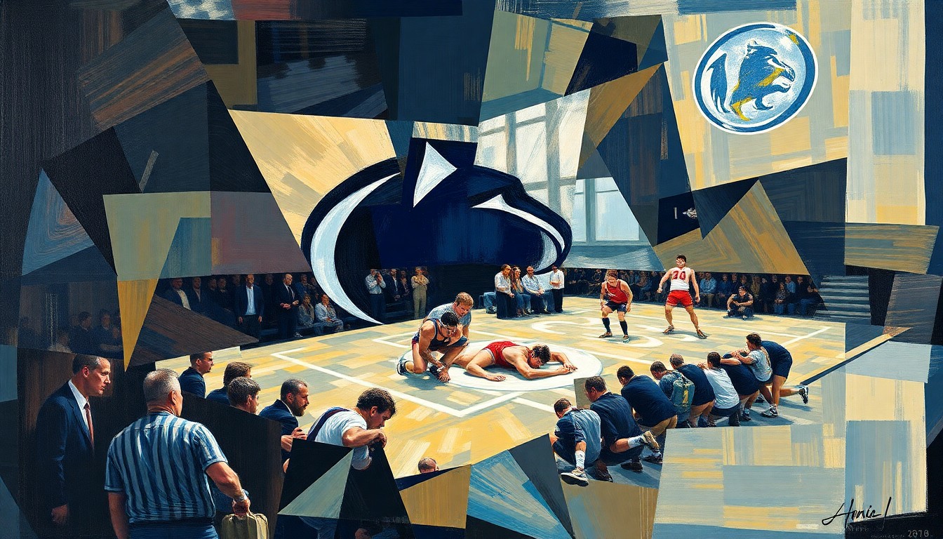 A cubist, geometric painting depicting the intense action and movement of a Penn State wrestling match, with figures and elements fractured and overlapping to create a dynamic, abstract visual representation of the sport.