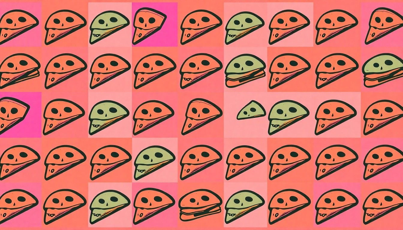 A brightly colored, high-contrast silkscreen print of a single, iconic food item repeated in a tight grid pattern, conceptually representing the diverse menu options available at the new Wonder restaurant location.