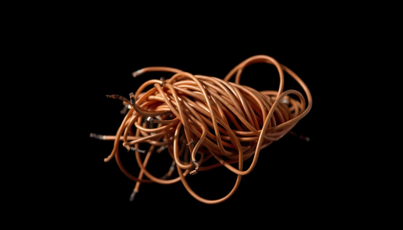 An extreme close-up of a tangled bundle of severed copper wires, conceptually illustrating the impact of copper wire theft on streetlights and public safety.