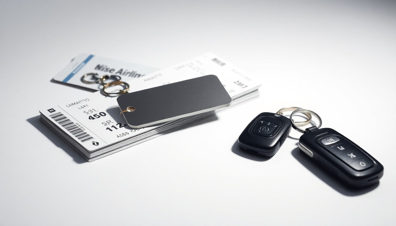 A high-end, photorealistic studio still-life photograph featuring a stack of airline boarding passes, a metal luggage tag, and a set of car keys arranged elegantly on a clean, white seamless background. The objects are lit dramatically with sharp shadows, conceptually representing the financial impact of rising fuel costs on the airline industry.