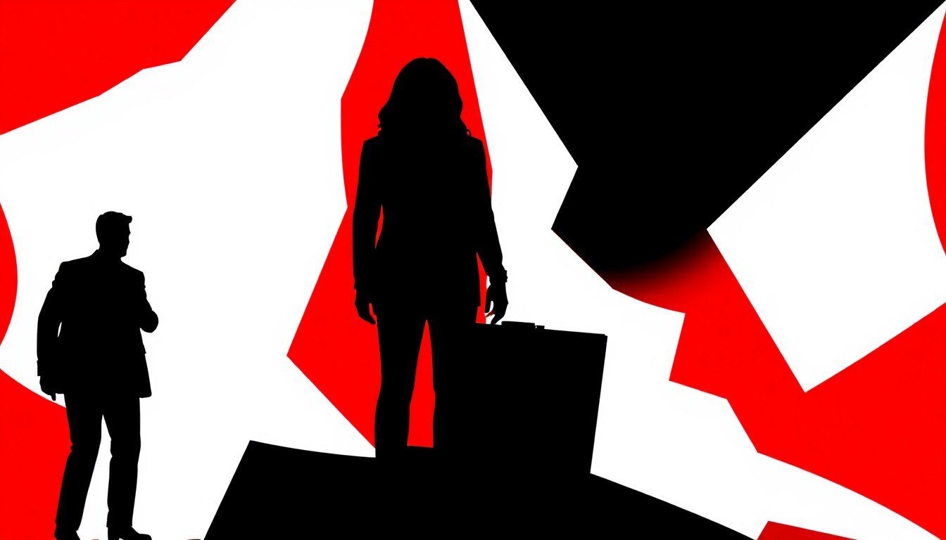 An abstract, minimalist illustration featuring sharp, angular shapes in contrasting red and black, conveying the emotional intensity and high-stakes drama of a reality TV scandal without depicting any specific people or events.