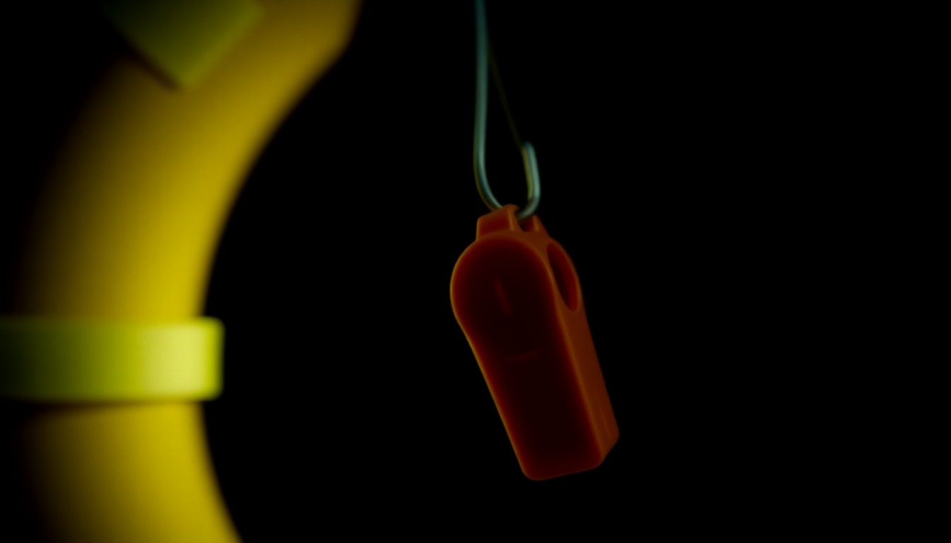 An extreme close-up of a metal lifeguard's whistle, its surface textured and reflecting the harsh light, conveying a sense of urgency and the gravity of the situation.