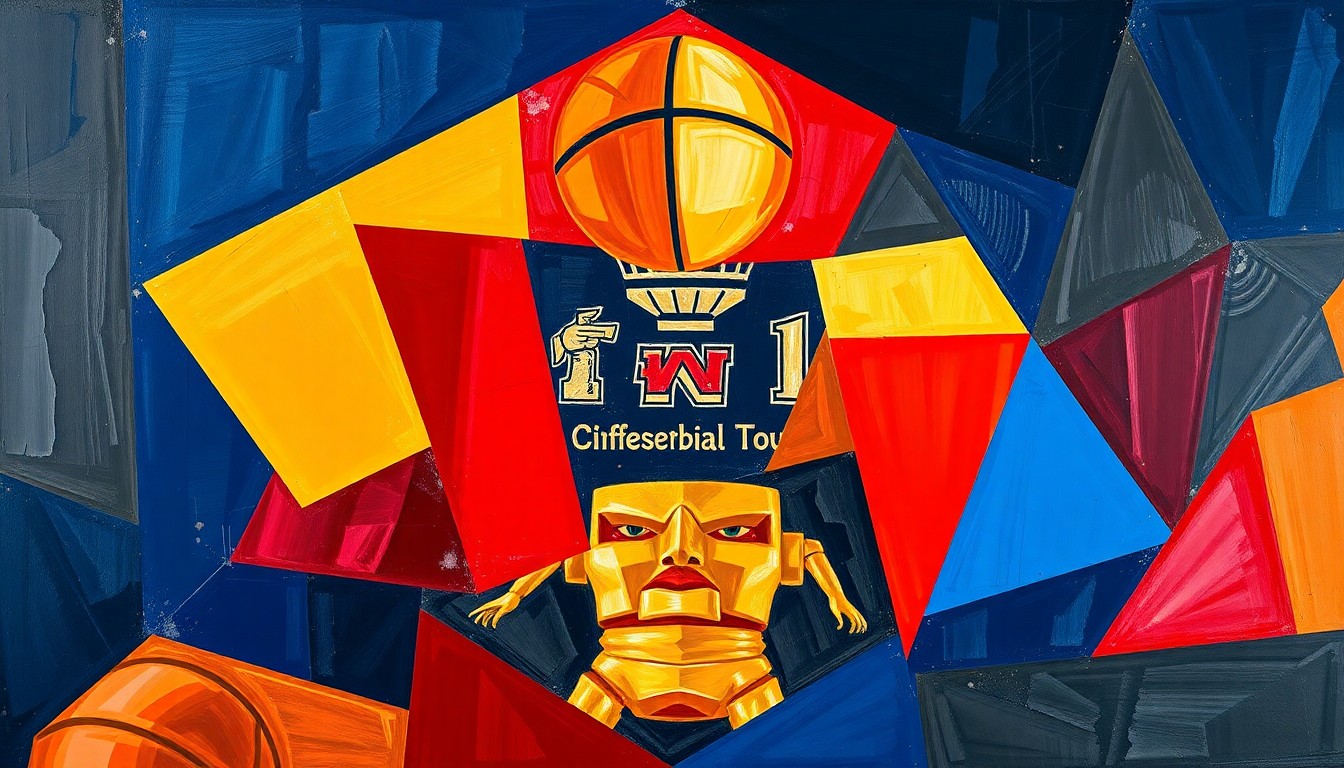 A fragmented, cubist-style painting depicting the action and energy of a college basketball game, with sharp geometric shapes in navy, red, and gold overlapping to create a dynamic, multi-angled visual representation of the high-stakes Final Four contest.