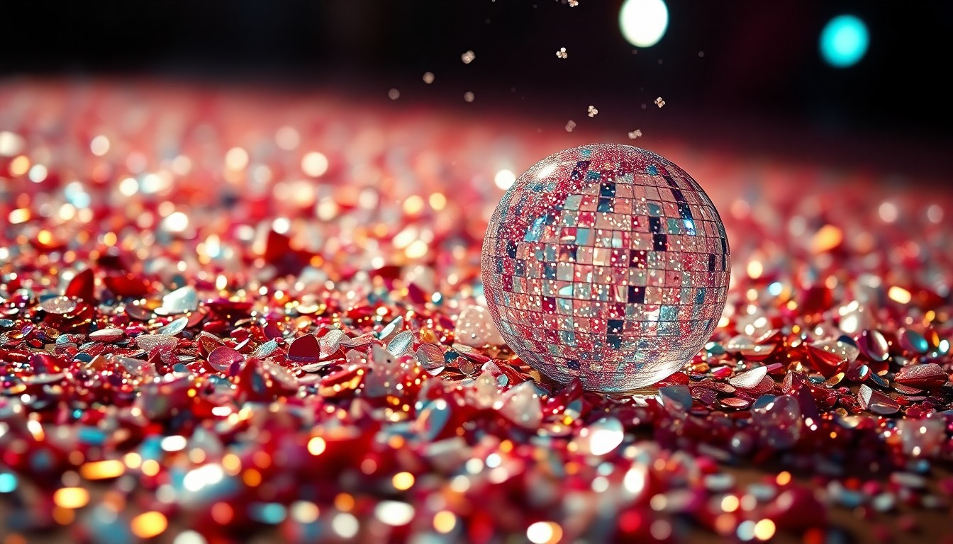 An extreme close-up of shimmering sequins and shattered glass reflecting dramatic studio lighting, conveying the glamour and energy of a music video debut.