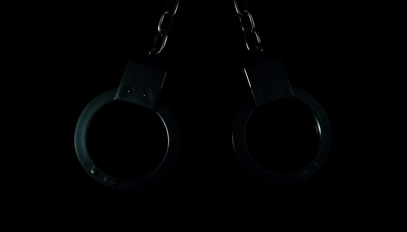 An extreme close-up photograph of a set of handcuffs against a pitch-black background, lit by a harsh, direct camera flash, creating a stark, gritty, investigative aesthetic.