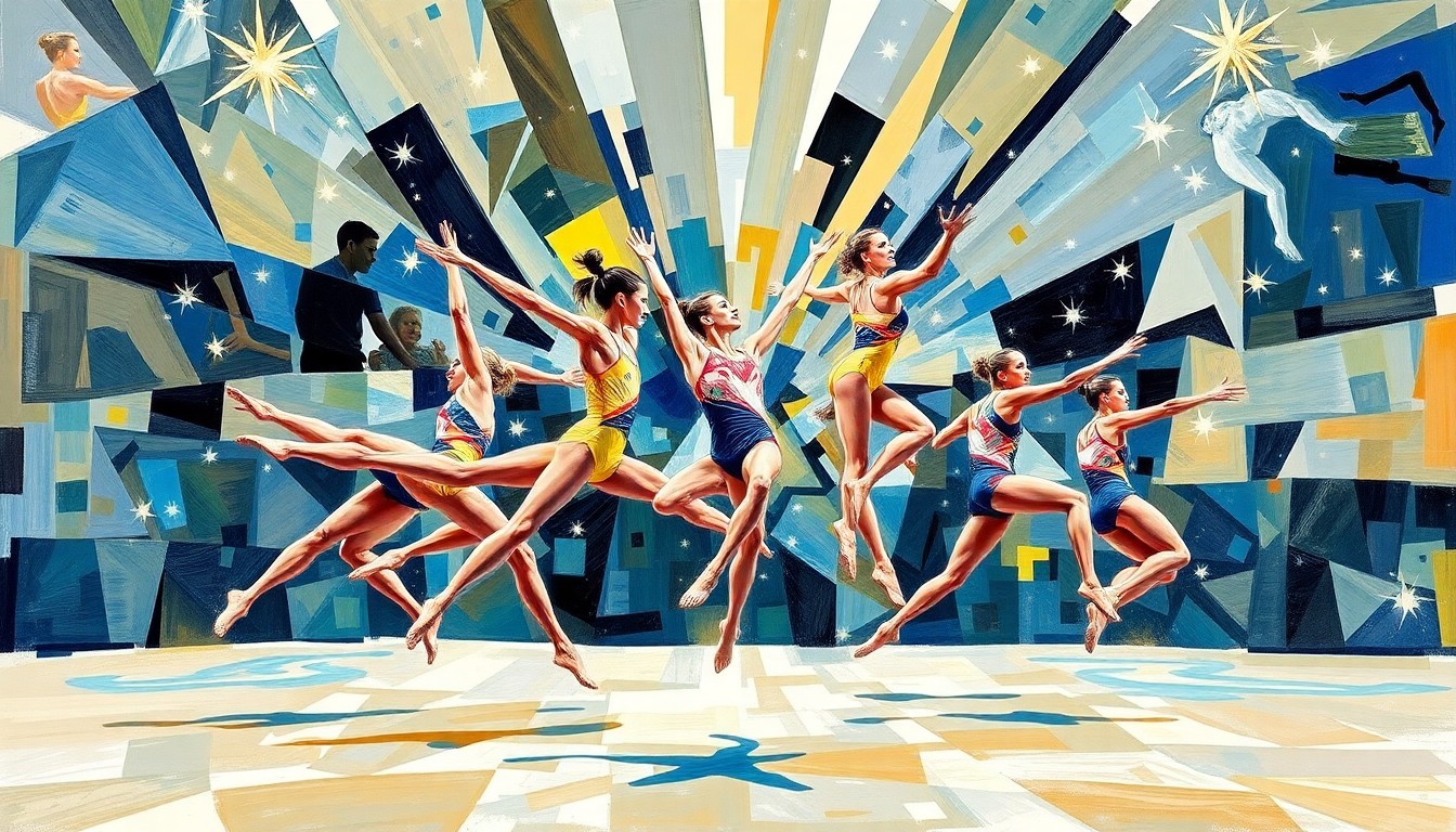 A cubist, geometric painting depicting the dynamic movements and energy of a women's gymnastics competition, with overlapping planes of color and form.