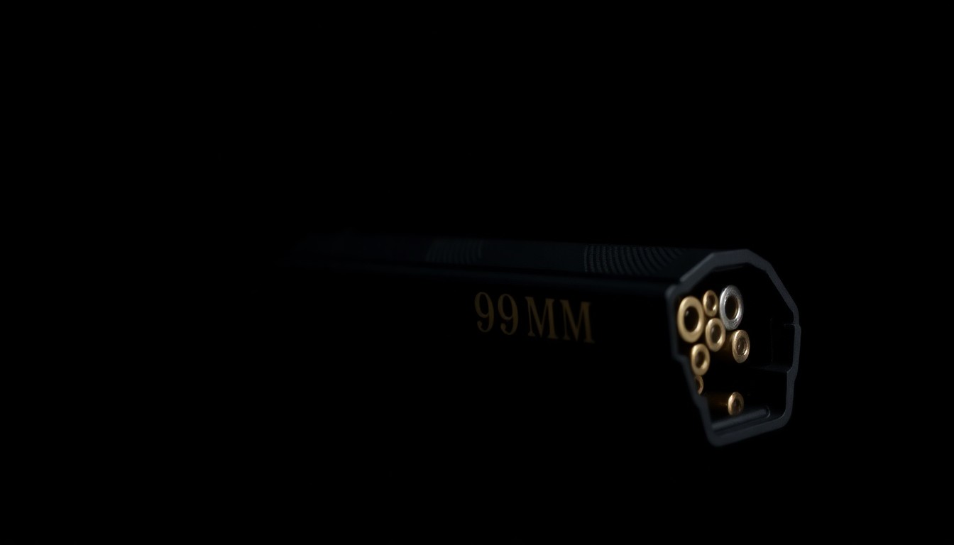 An extreme close-up photograph of a 9mm handgun magazine loaded with ammunition, lit by a harsh, direct camera flash against a pitch-black background, conceptually representing the gun violence and law enforcement challenges in this story.