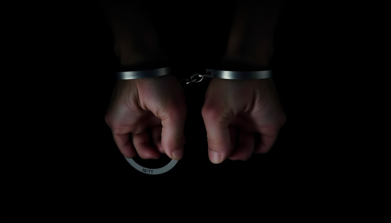 An extreme close-up photograph of a pair of handcuffed wrists against a pitch-black background, conveying a stark, gritty, and investigative aesthetic without depicting any violence or victims.