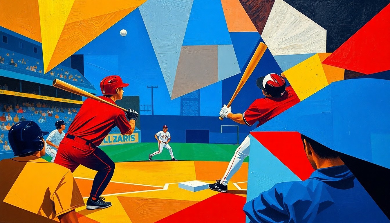 A fractured, cubist-style painting depicting a baseball game, with the players' forms broken down into sharp, overlapping geometric shapes in a vibrant color palette, capturing the raw energy and power of the Dodgers' offensive outburst.