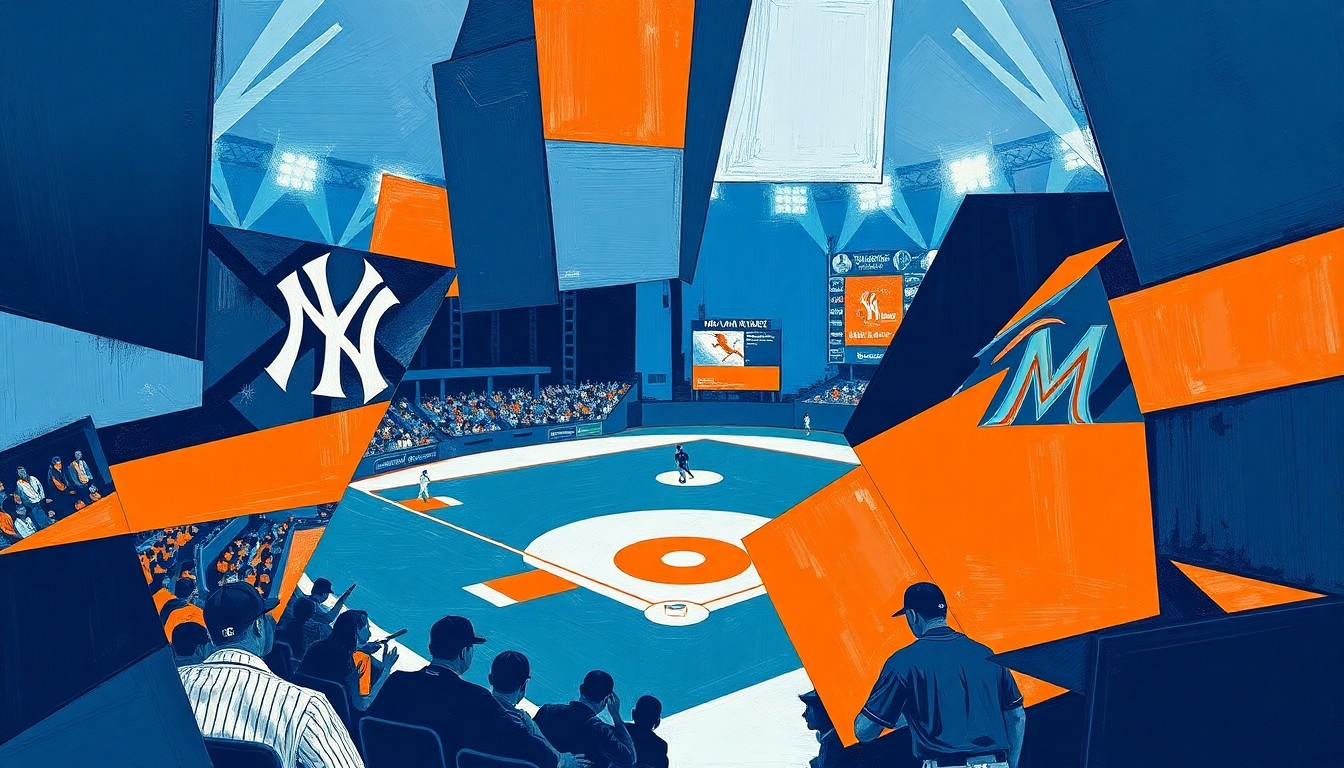 A fractured, multi-perspective painting in bold colors, breaking down a baseball game into sharp, overlapping geometric shapes and planes, capturing the energy and movement of the action on the field.