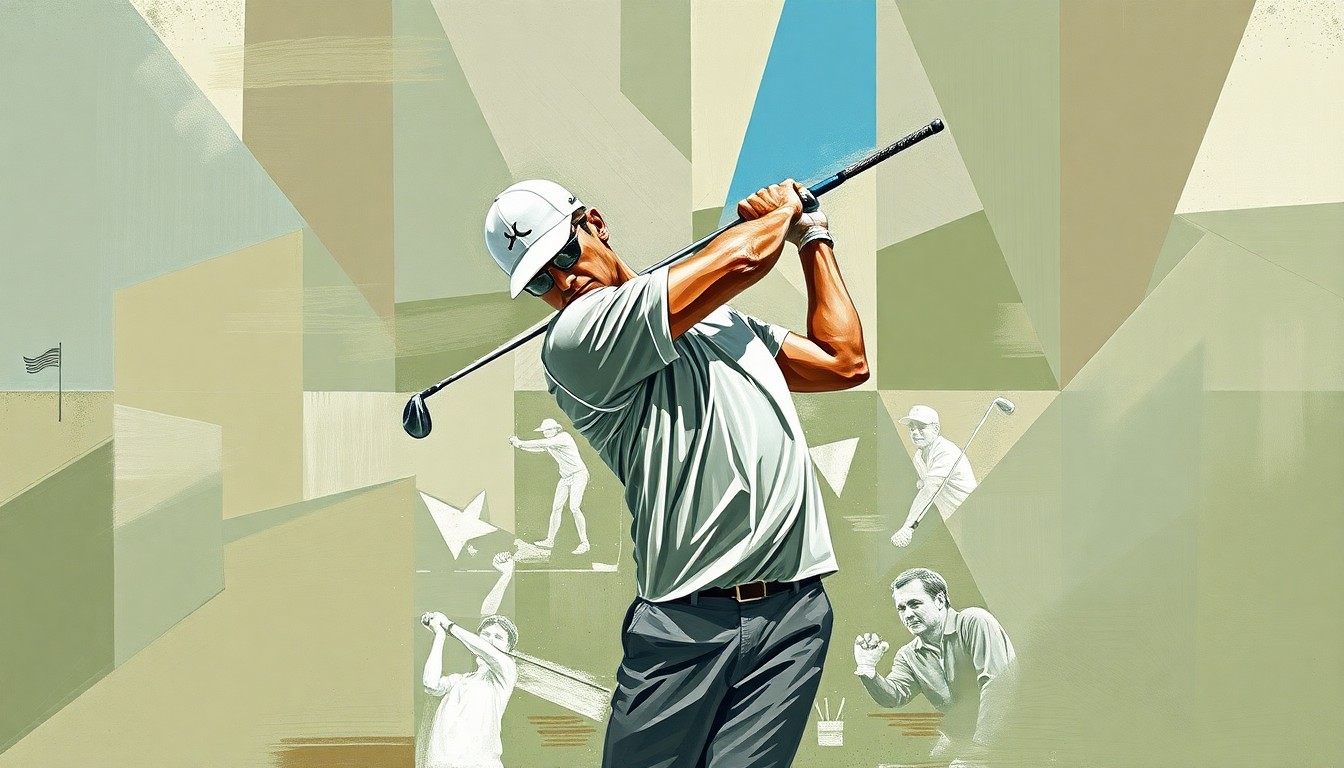 A fragmented, geometric painting depicting a golfer's swing broken down into sharp, overlapping planes of muted earth tones with flashes of bright white and blue, conveying the mental and physical struggles of an injured player.