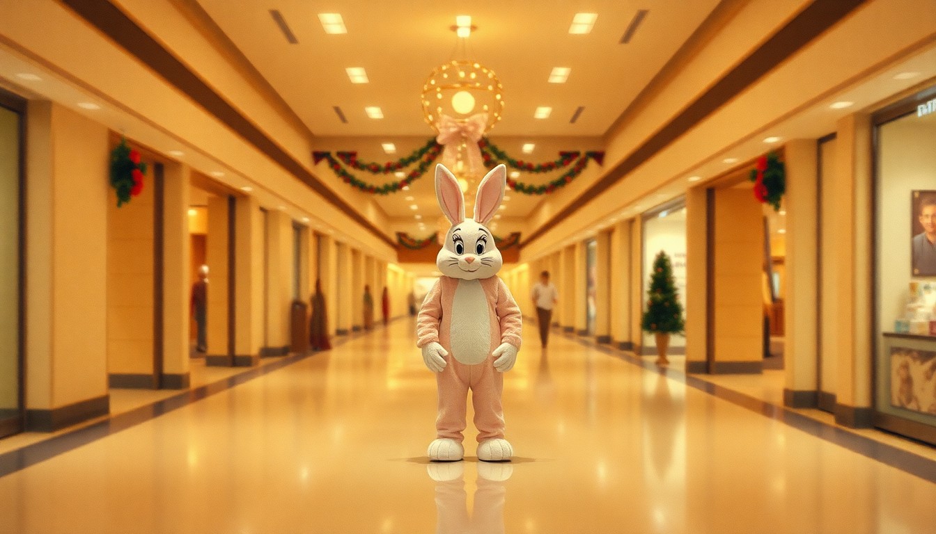 A softly blurred, out-of-focus photograph in warm, hazy tones depicting an empty, beige mall hallway with faint holiday decorations in the background and a lone, costumed Easter Bunny figure standing in the center, appearing dejected and isolated.