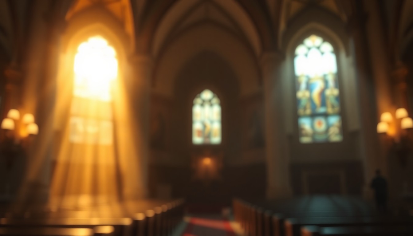 An abstract, impressionistic photograph of a church interior, with blurred shapes and soft, glowing colors creating a serene, contemplative atmosphere.