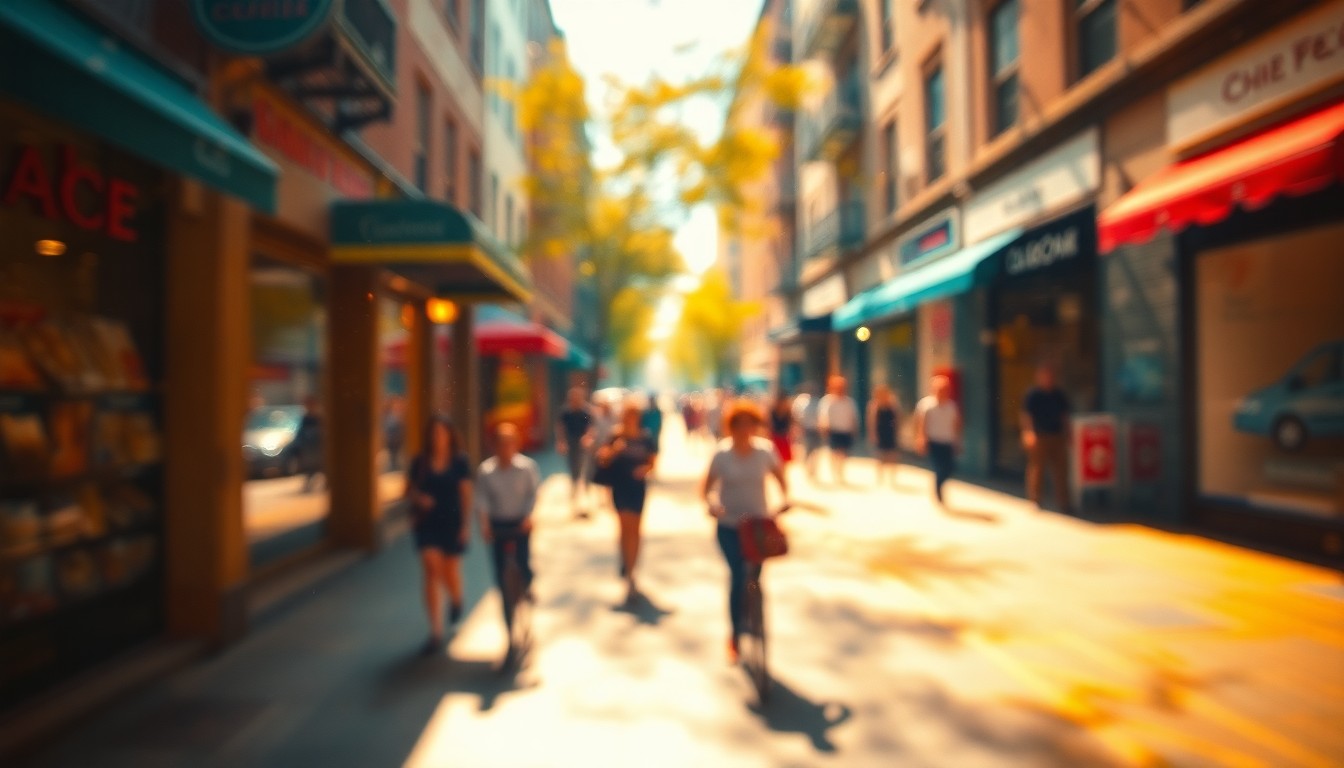 An abstract, impressionistic scene of a sun-dappled street in a small city, with blurred figures, bicycles, and storefronts visible through a hazy, rain-streaked lens, conveying a sense of warmth, energy, and community.
