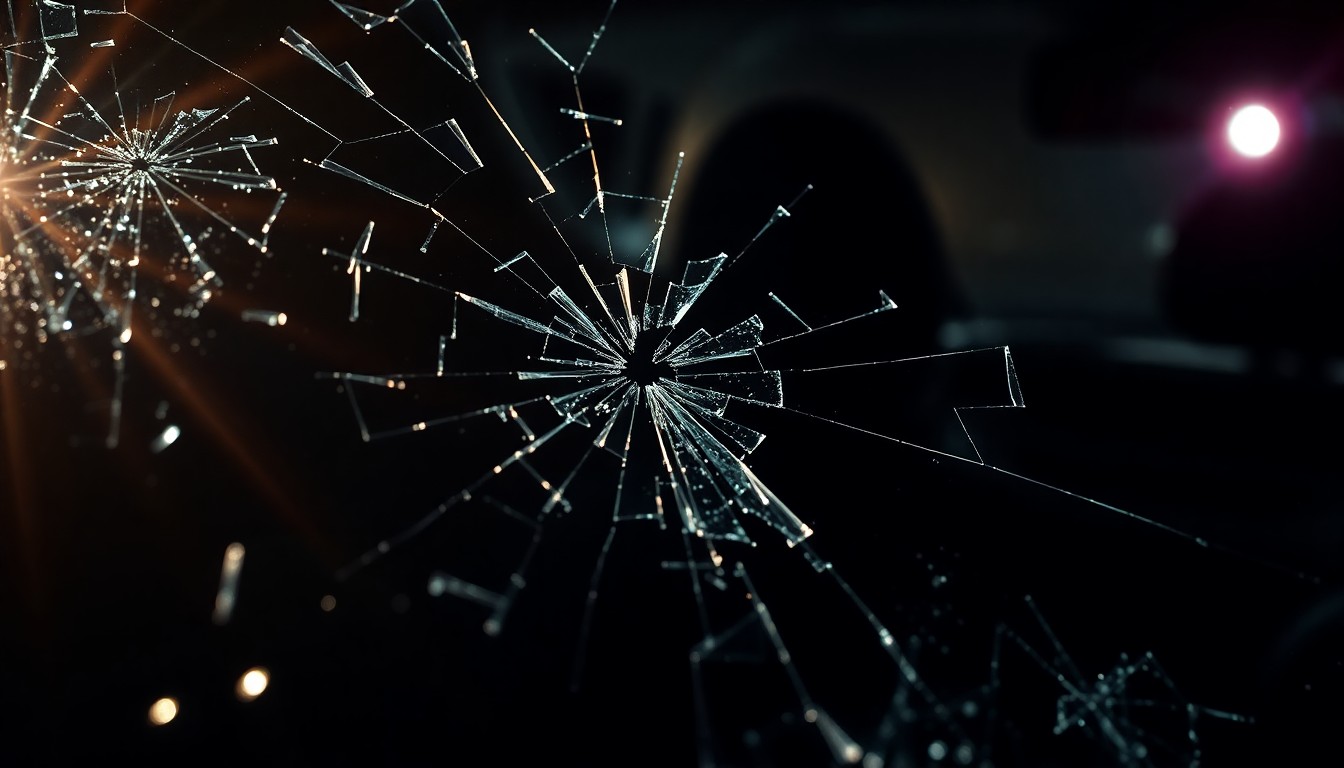 An extreme close-up photograph of shattered glass reflecting a harsh camera flash, conceptually representing the aftermath of a violent crime.