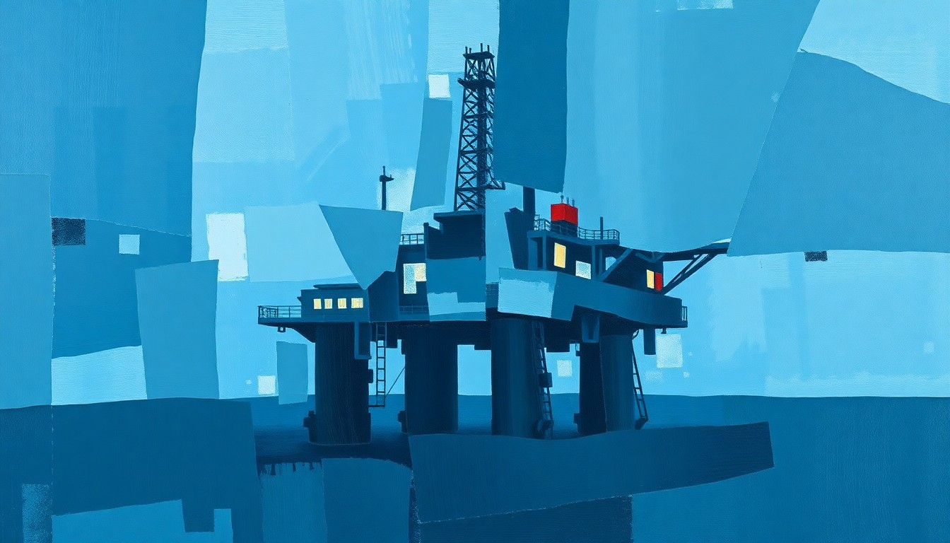 A dynamic, abstract painting of an offshore oil rig platform, with overlapping geometric shapes and fractured lines in shades of blue, grey, and black, conveying a sense of motion and instability around the offshore drilling industry.