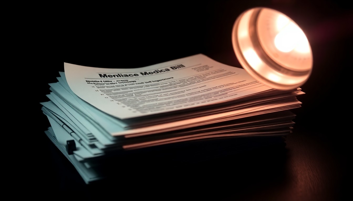 An extreme close-up photograph of a stack of medical bills and insurance documents, lit by a harsh, direct camera flash against a pitch-black background, conceptually illustrating the stark, gritty nature of the alleged insurance fraud scheme.