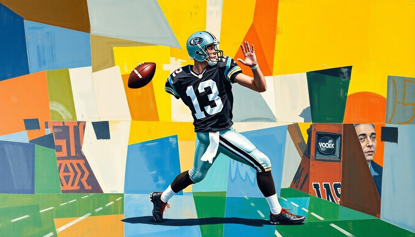 A fragmented, geometric painting depicting a quarterback in motion, with sharp, overlapping planes of color and form representing the uncertainty surrounding the Steelers' quarterback situation.