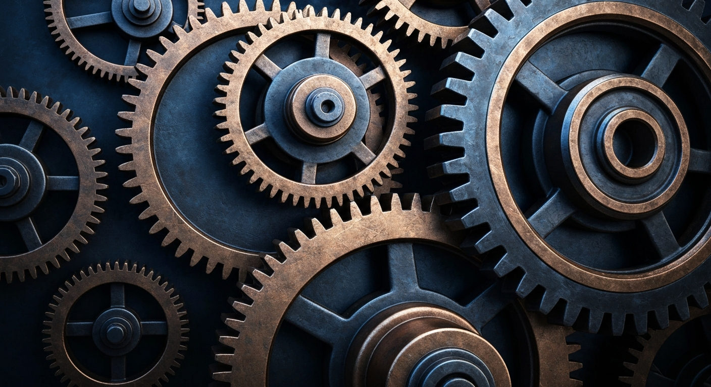 A highly detailed, cinematic close-up of heavy, industrial banking machinery and gears, representing the intricate financial systems and infrastructure that support public companies.