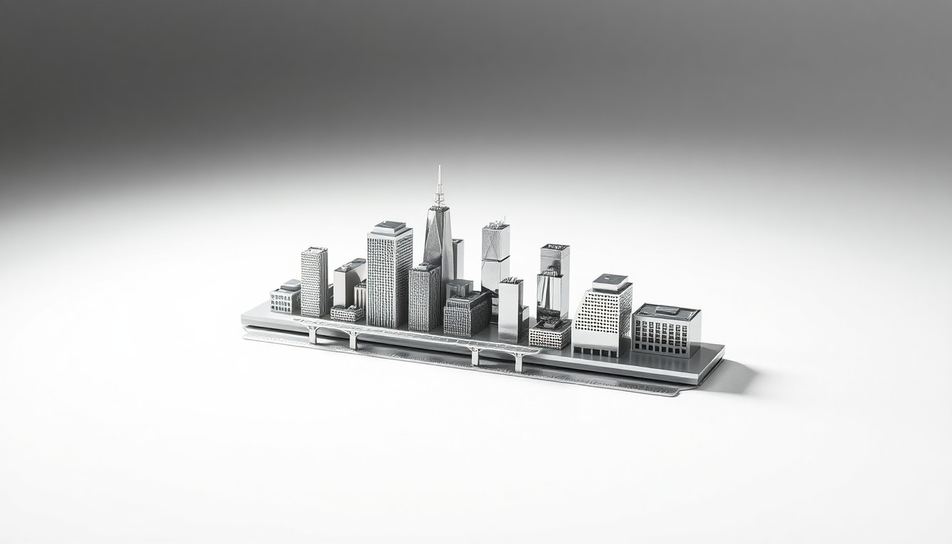 A highly detailed, photorealistic studio photograph of a gleaming metal model of the Moline skyline and riverfront, resting on a clean white background and reflecting dramatic studio lighting, symbolizing the potential for new development and investment in the city's newly designated redevelopment zone.