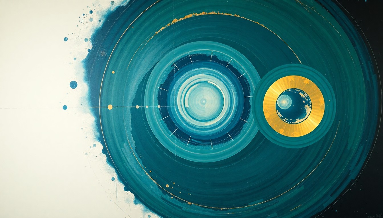 A bold, abstract painting in the style of Hilma af Klint, featuring sweeping geometric arcs, concentric planetary circles, and precise botanical spirals in soft shades of blue, green, and gold, representing the Artemis II spacecraft's journey from Earth to the Moon.