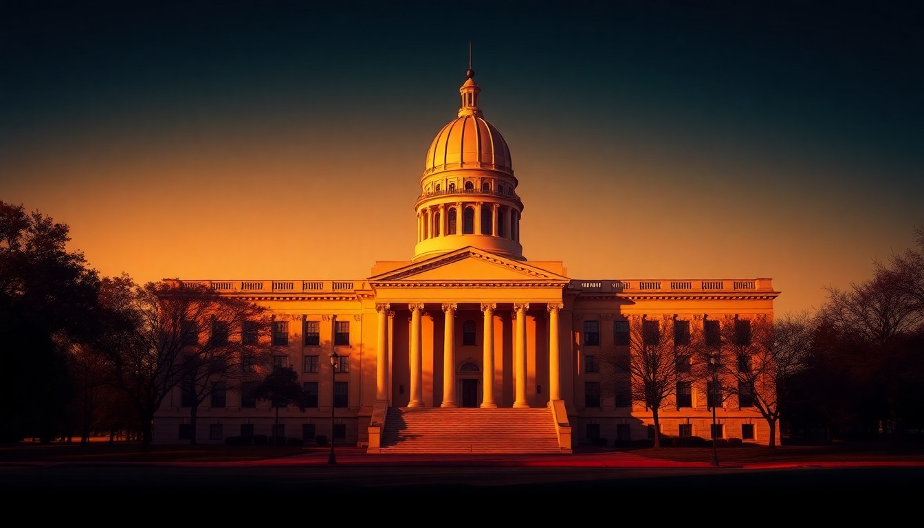 A detailed, photorealistic painting of a state capitol building in Montgomery, Alabama, with the structure bathed in warm, golden sunlight and deep shadows, creating a sense of solitude and contemplation.