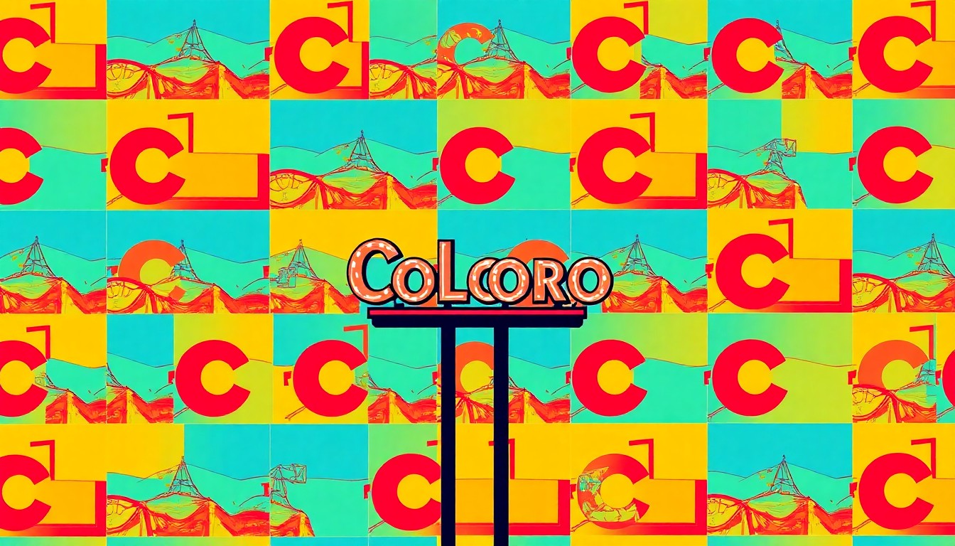 A bold, colorful silkscreen print featuring a repeating grid of an iconic Colorado town sign or landmark, rendered in a high-contrast, neon-infused pop art style that captures the dynamic history of community rebranding in the state.