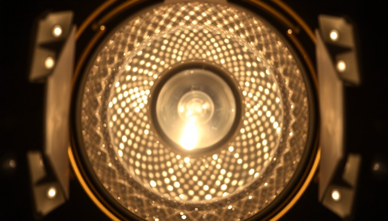 An extreme close-up of a theatrical lighting fixture, its metallic surfaces and glass lenses reflecting dramatic studio lighting in a high-contrast, abstract composition.