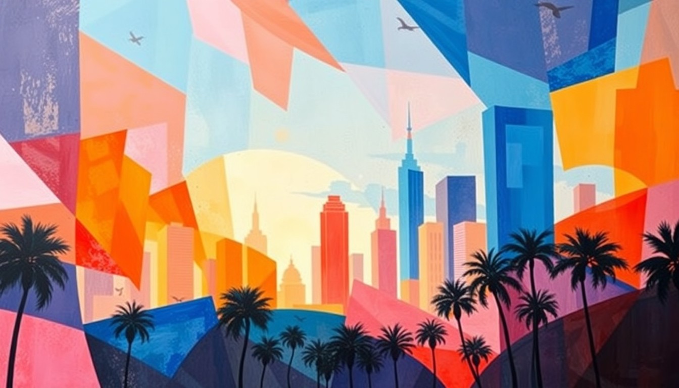A dynamic, abstract painting of a city skyline with skyscrapers and palm trees in overlapping, geometric waves of color, conveying the energy and uncertainty of the Los Angeles mayoral race.
