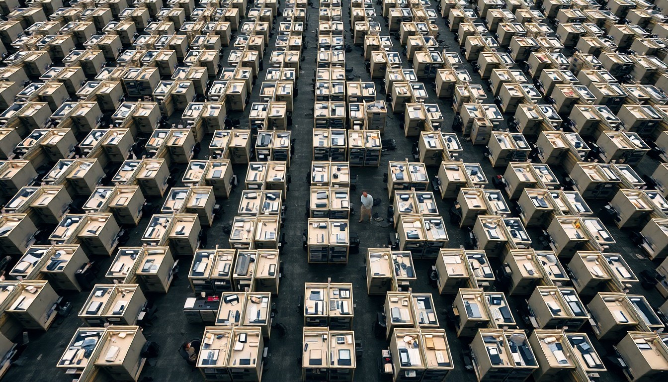 An extreme close-up aerial photograph of a repeating grid of office cubicles, with sharp focus and muted colors, conceptually representing the scale and interconnectedness of the U.S. labor market.