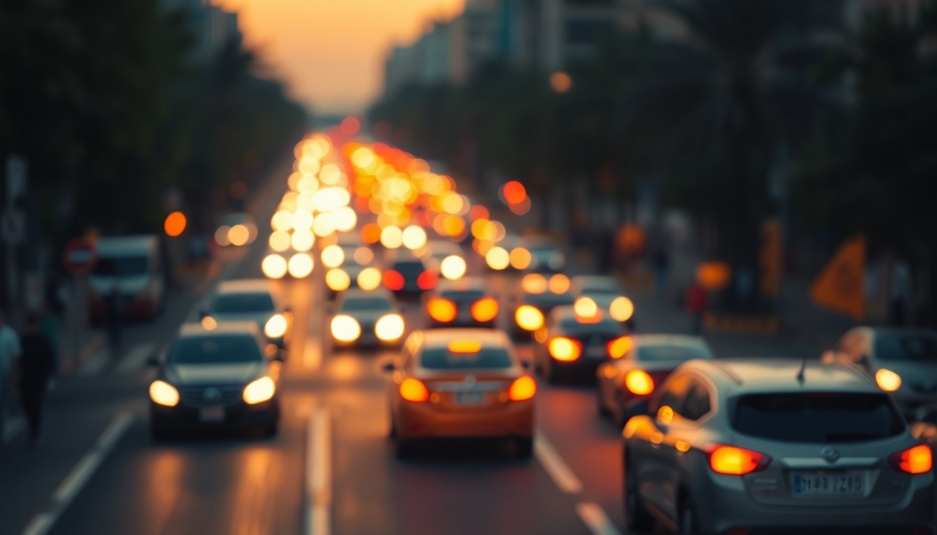 An abstract, impressionistic photograph of a busy urban intersection at dusk, with the headlights of passing cars creating soft, glowing orbs of light against a blurred background, conveying the feeling of community and mobility.