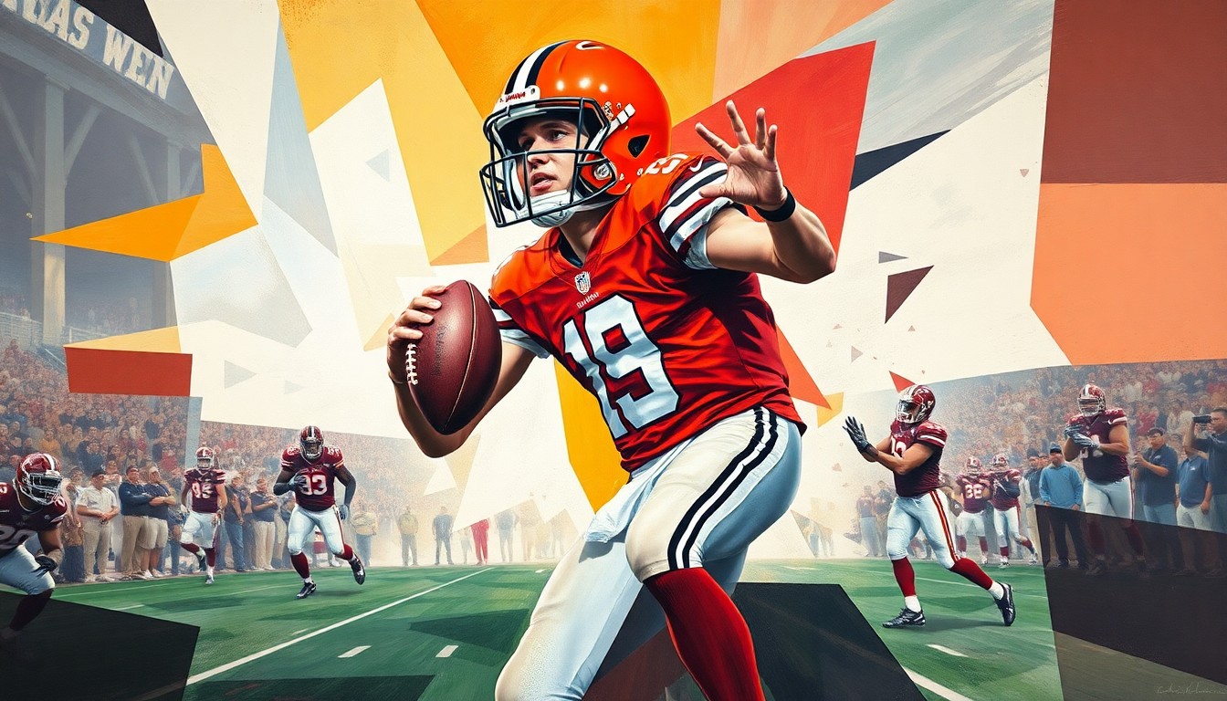 A fractured, geometric painting depicting a football game, with the Alabama quarterback as the central focus, his movements and plays broken down into sharp, overlapping planes of color and form.