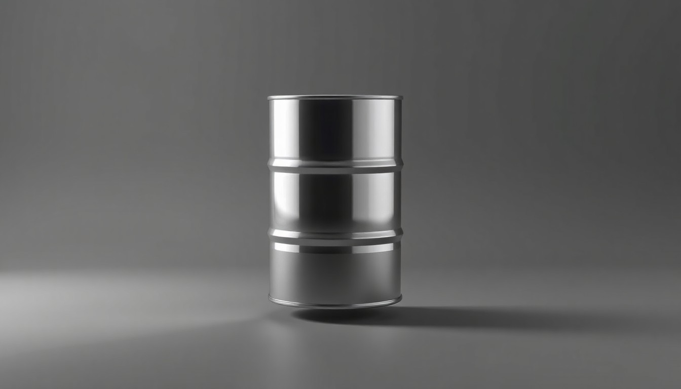 A photorealistic studio image of a single, polished metal oil drum floating on a dark grey background, dramatically lit to highlight the sleek, industrial form and cast deep shadows, conceptually representing the complex issues surrounding offshore energy development.