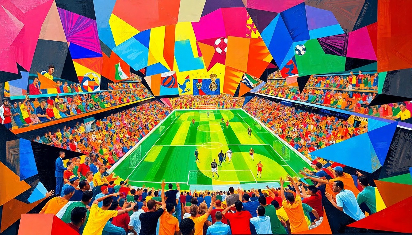A cubist, geometric painting depicting the chaotic energy and high-stakes drama of a World Cup final match, with overlapping planes of bright colors and abstract shapes representing the frenzied atmosphere.