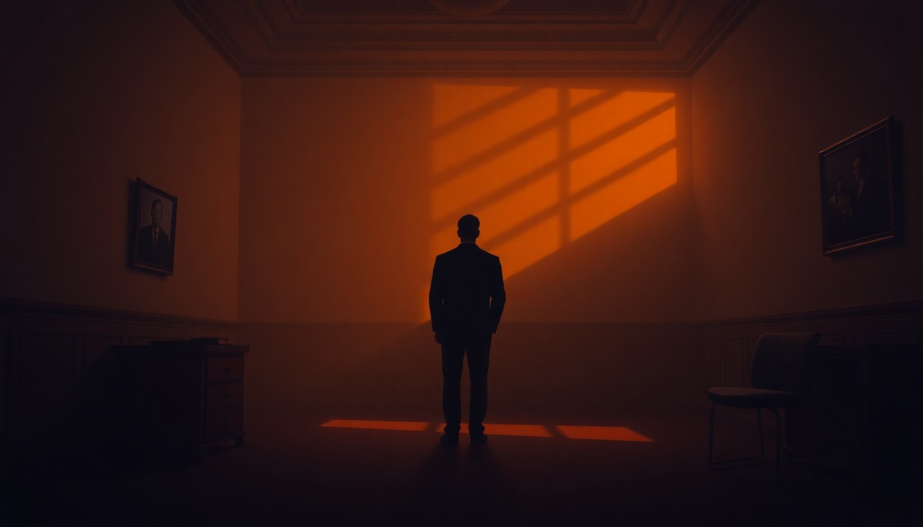 A solitary figure stands alone in a dimly lit government office, bathed in warm, diagonal sunlight and deep shadows, conveying a sense of isolation and political tension.
