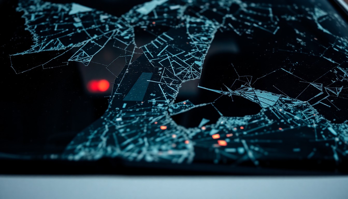 An extreme close-up photograph of a shattered car windshield reflecting a faint red light, conceptually representing the aftermath of a deadly drunk driving crash.