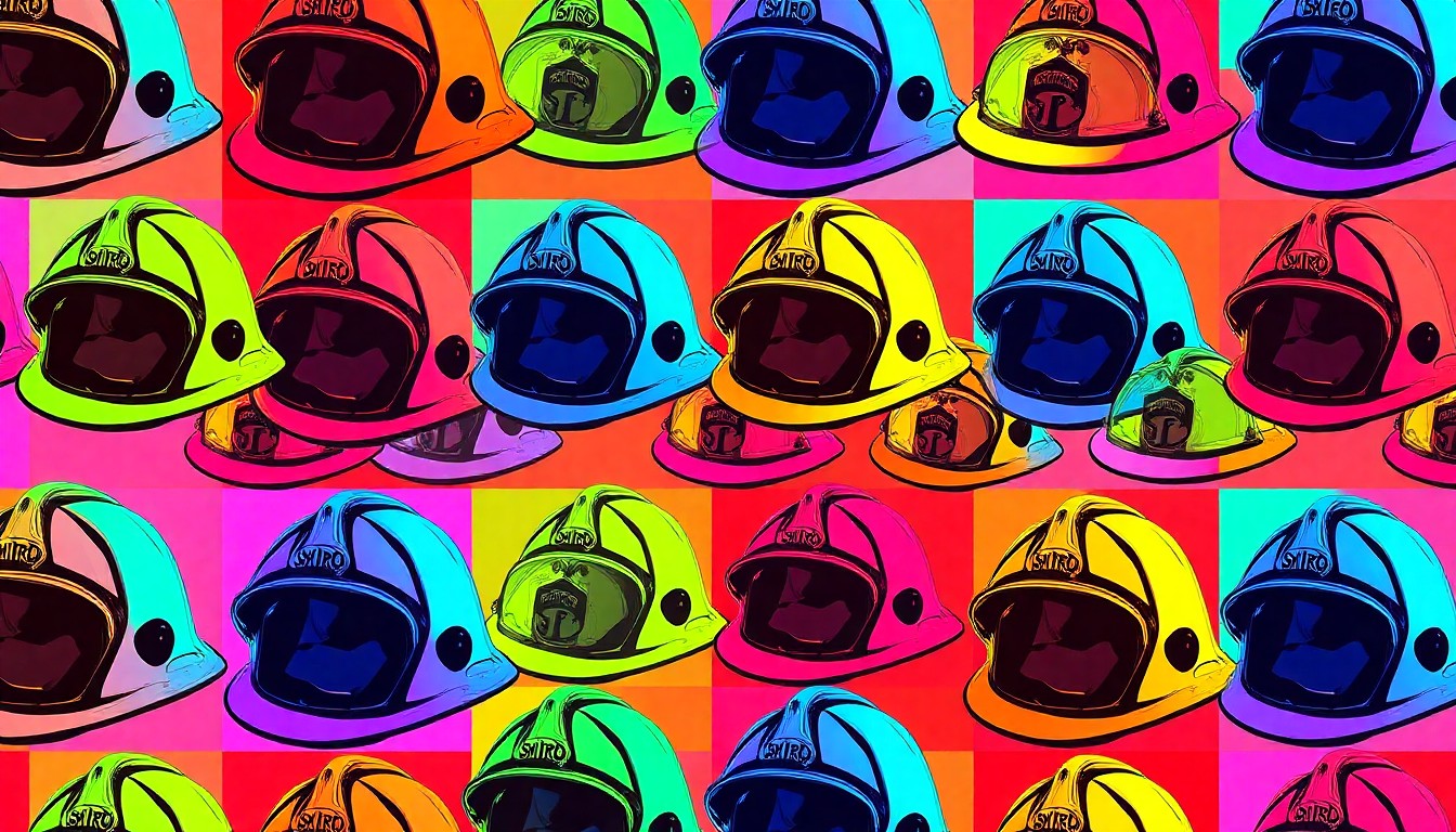 A brightly colored, high-contrast silkscreen print of a firefighter's helmet repeated in a tight grid pattern, using vibrant neon colors and heavy black outlines to transform the everyday object into a modern pop art piece.