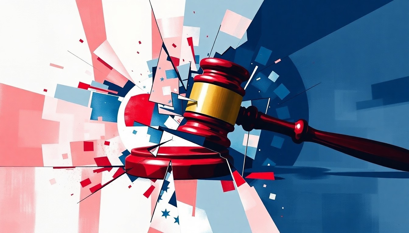 A fragmented, abstract painting in red, white, and blue hues depicting a political symbol like a gavel, conveying a sense of disruption and urgency around allegations of government fraud.