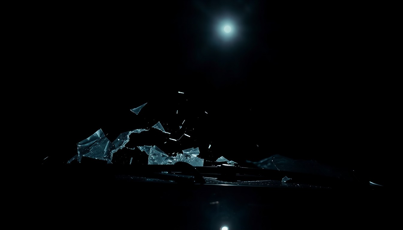 An extreme close-up photograph of a shattered car windshield or damaged vehicle part, capturing the harsh, gritty aftermath of a fatal highway accident.