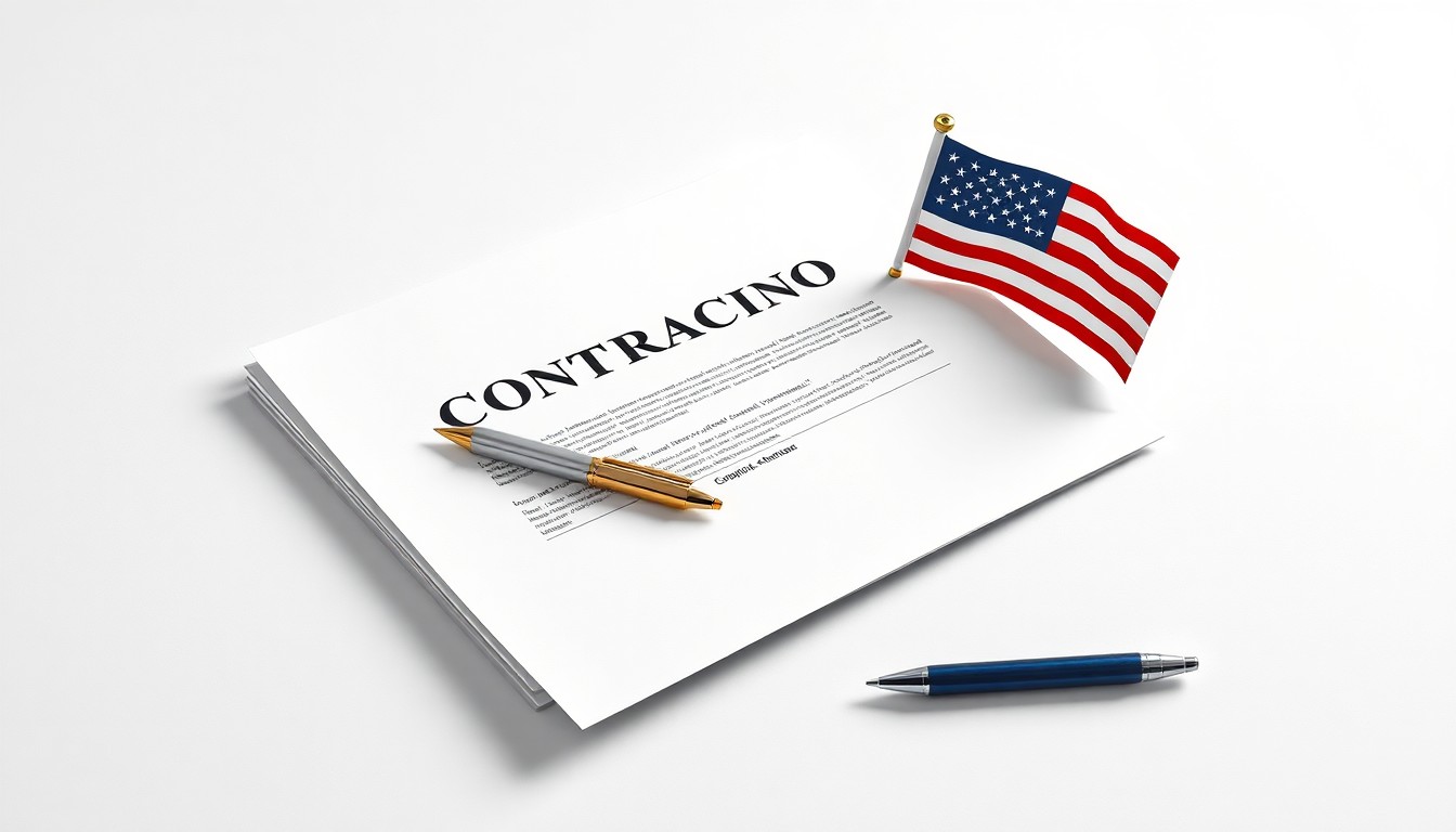 A photorealistic studio still life featuring a stack of government contracting documents, a pen, and a small American flag, arranged elegantly on a clean white background to symbolize the precision and importance of Aprio's work in the federal contracting sector.