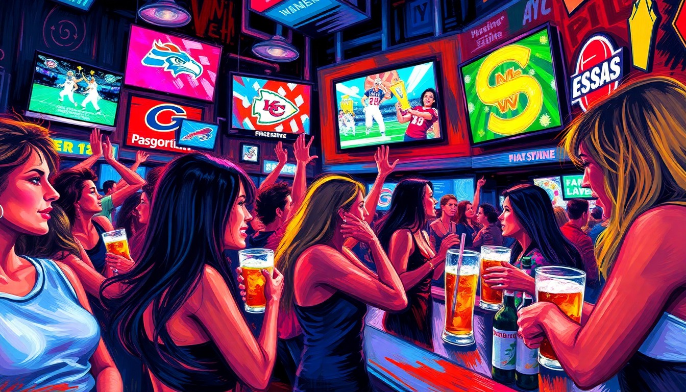 An abstract, energetic painting in vibrant neon colors, capturing the excitement and community of a women's sports bar, with blurred figures of fans and bartenders set against a backdrop of flashing screens and team logos.