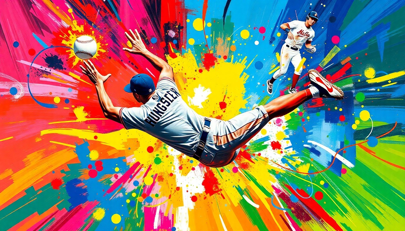 An abstract, expressionist painting in neon colors depicting the dynamic motion and energy of a baseball player making a spectacular catch, with the ball and player's body blending into vibrant, gestural brushstrokes.